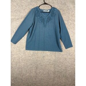 Hastings &‎ Smith Women's 2X Blue Long Sleeve V Neck Knit Top Lace Crochet